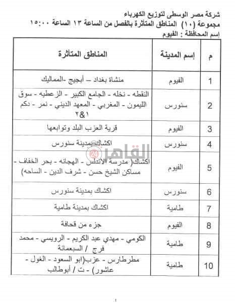 جدول تخفيض الاحمال في الفيوم 8