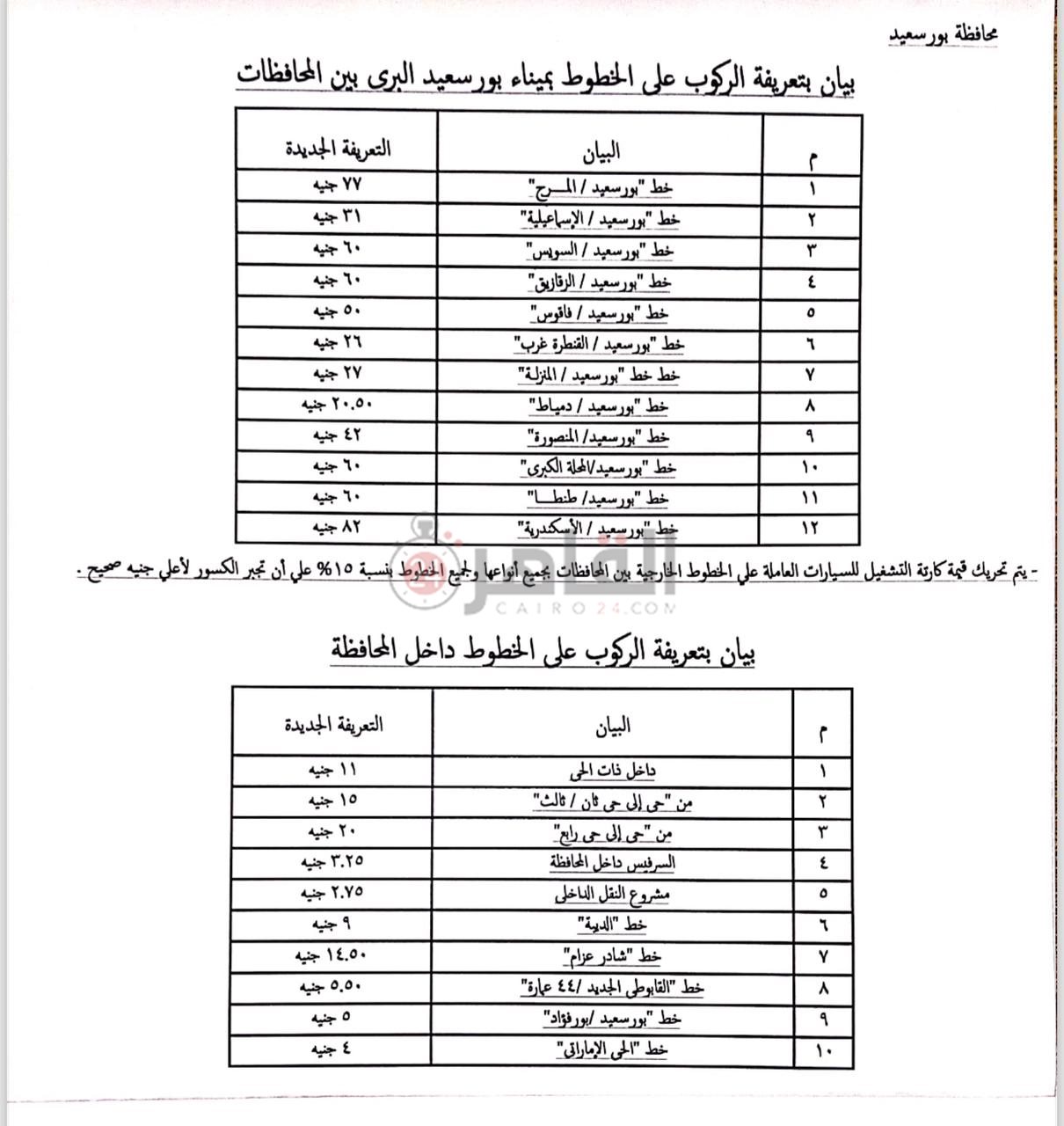 تعريفة المواصلات ببورسعيد 