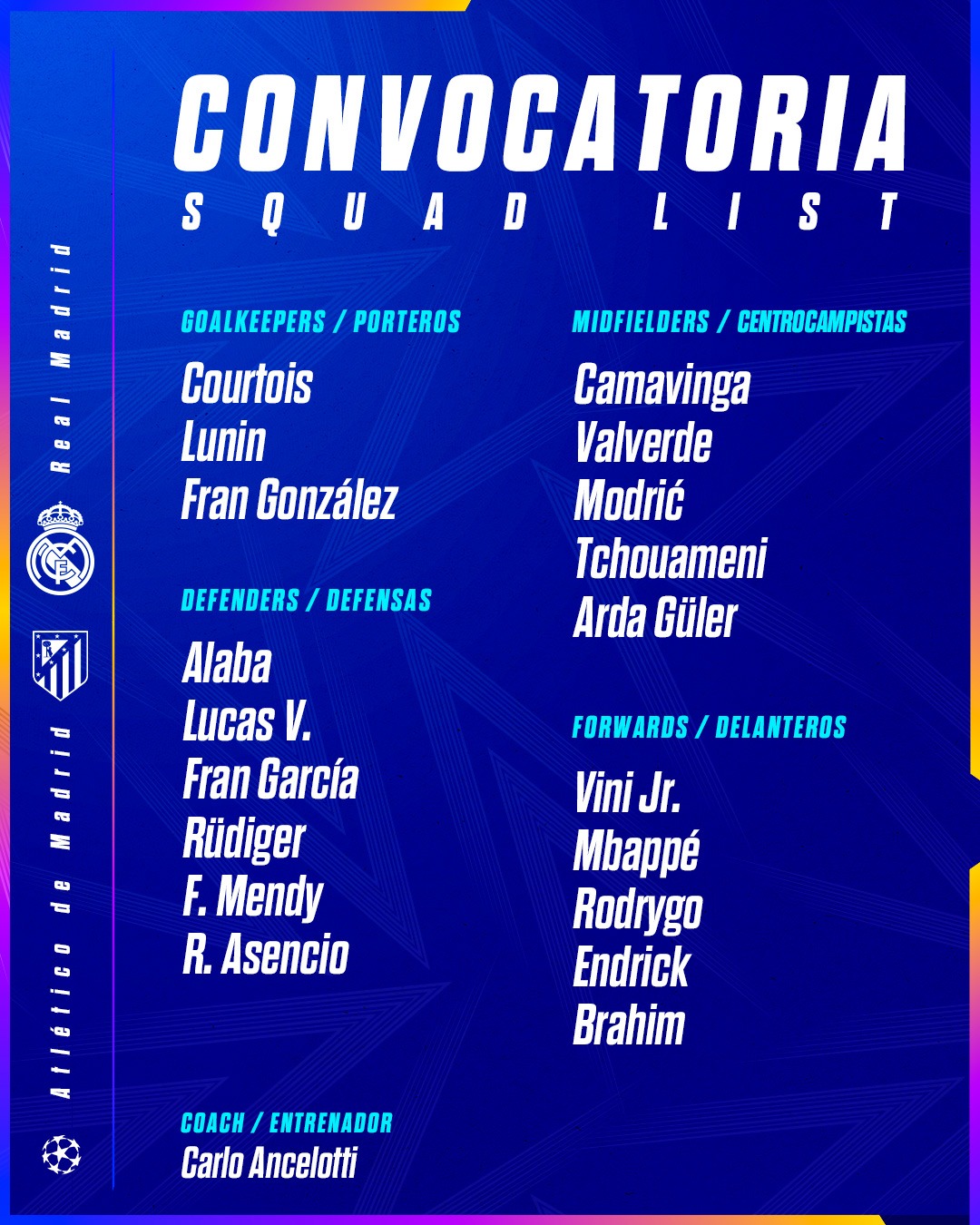 قائمة ريال مدريد لـ مباراة أتلتيكو