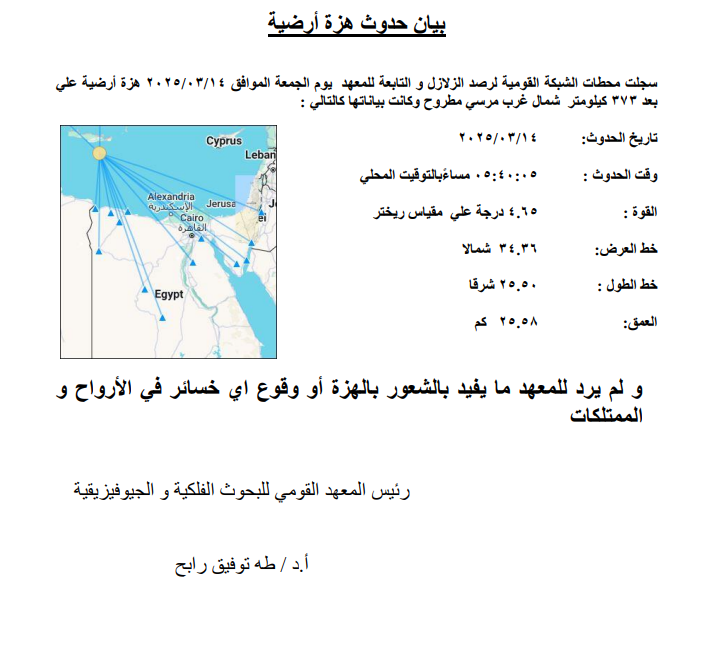 زلزال بقوة 4.6 من مقياس ريخيتر يضرب شمال غرب مرسي مطروح