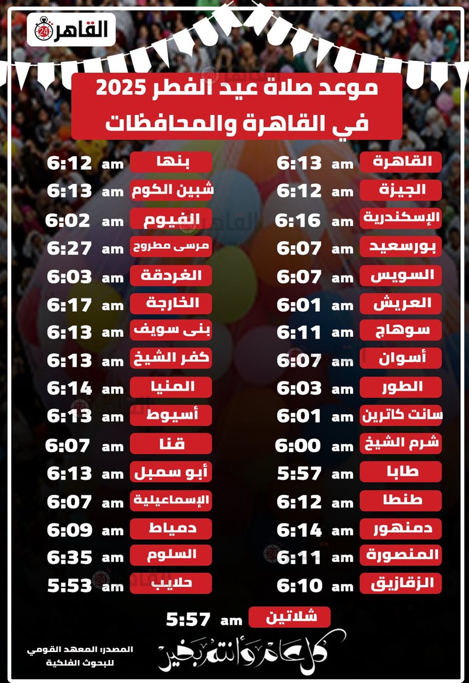 موعد صلاة عيد الفطر 2025 في مختلف محافظات مصر