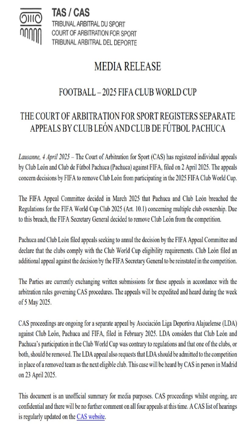 استئناف من نادي ليون ونادي باتشوكا ضد قرار الفيفا بإقصاء ليون من كأس العالم للأندية 2025
