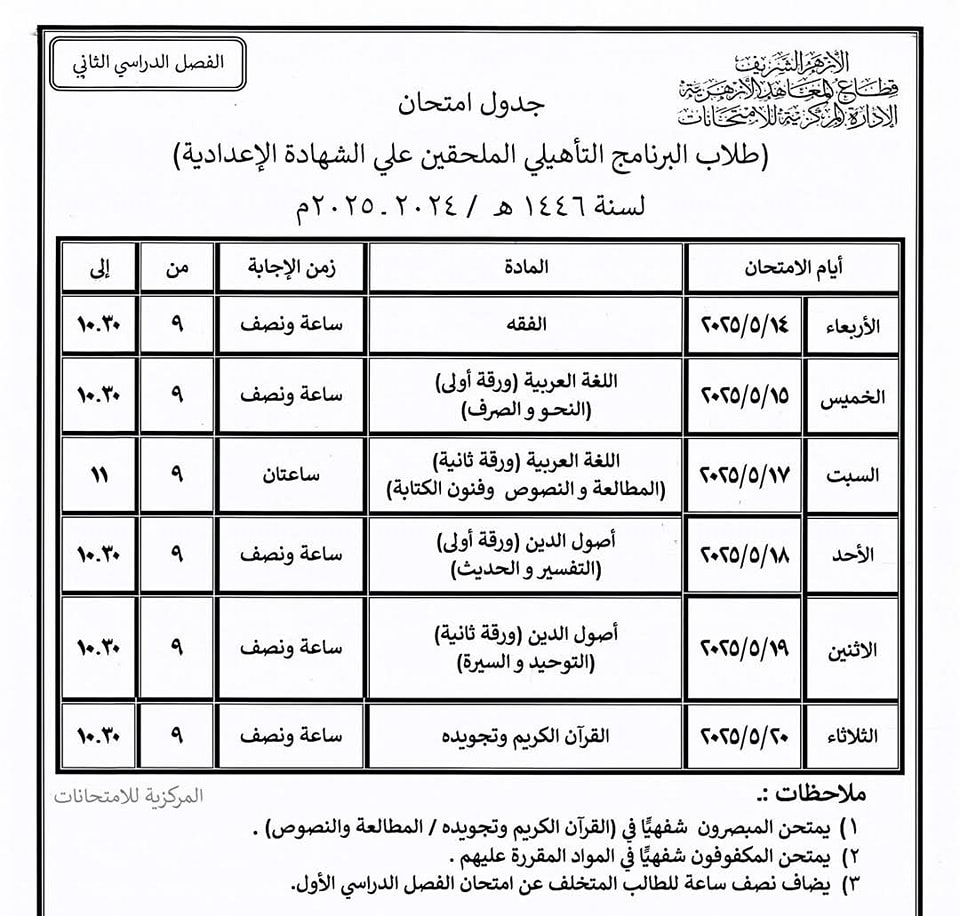 تنطلق الشهر المقبل.. جداول امتحانات النقل والشهادتين الابتدائية والاعدادية والبرنامج التأهيلي لـ طلاب الأزهر