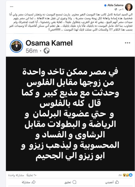 عبلة سلامة سيدة المجتمع المعروفة تهاجم أسامة كامل رئيس حزب مصر الفتاة بسبب منشوره