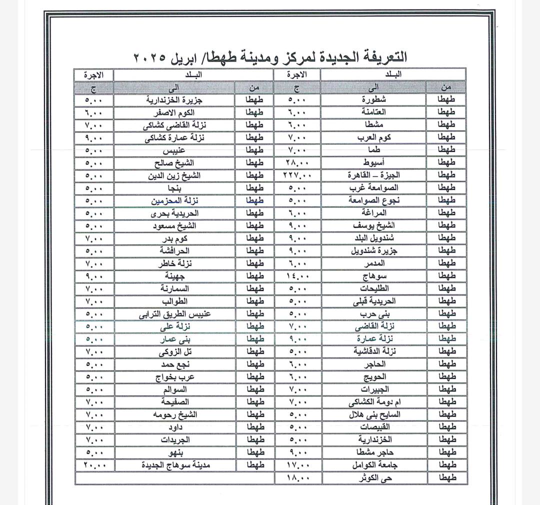 التعريفة الجديدة لنقل الركاب