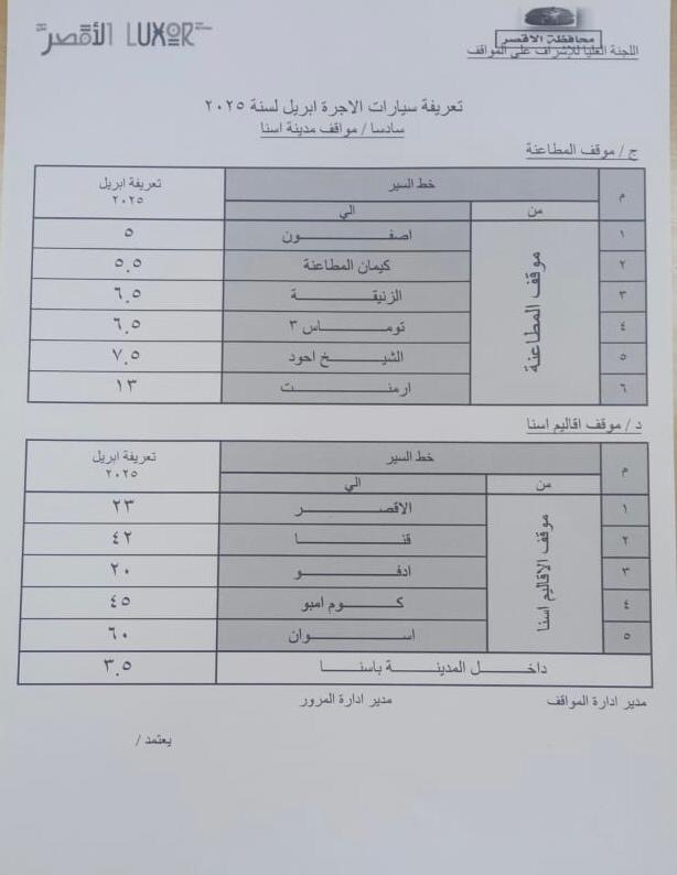 التعريفة الجديده للركوب بالأقصر
