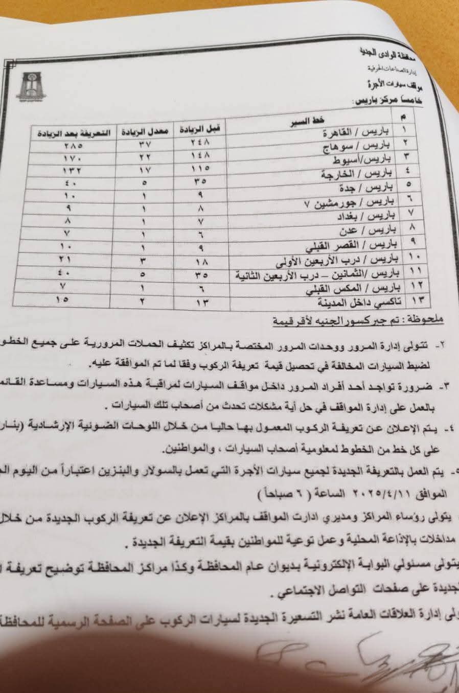 تعريفة الاجرة بالوادى الجديد