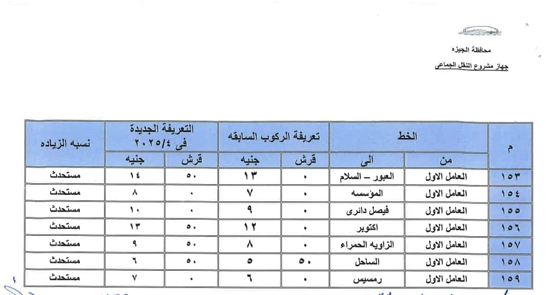 تعريفة المواصلات الجديدة 2025 في الجيزة