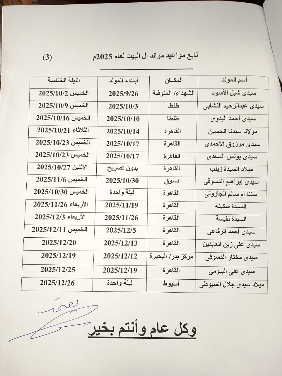المواعيد الرسمية للموالد والاحتفالات الصوفية خلال&nbsp;