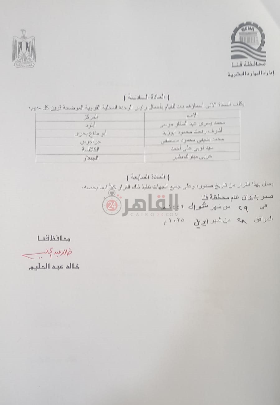 محافظ قنا يعتمد حركة محليات كبرى لرؤساء المدن والقرى