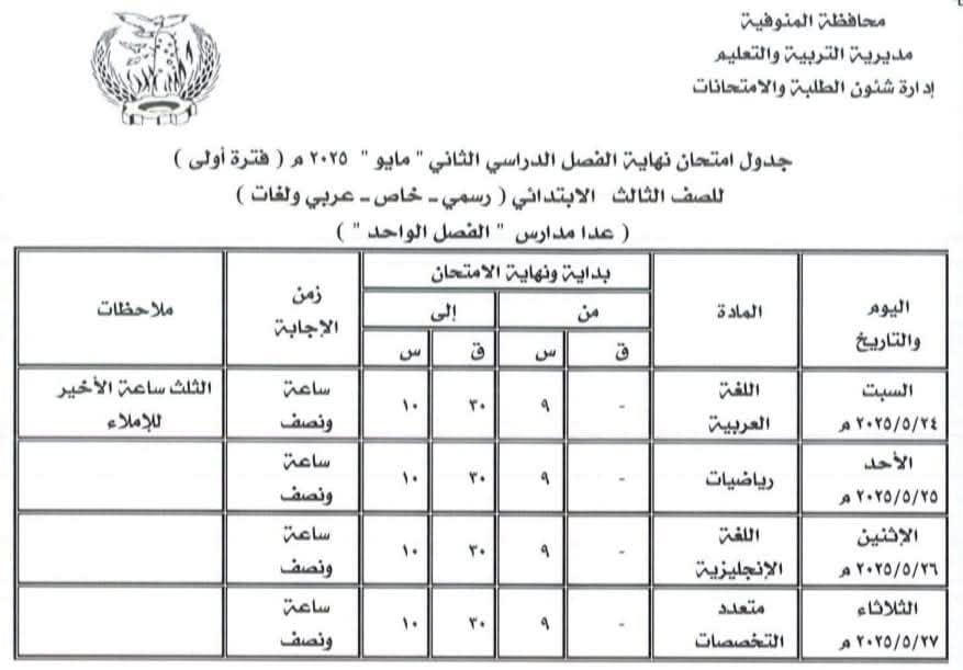 جدول امتحانات الصف الثالث الابتدائي الترم الثاني 2025 محافظة المنوفية