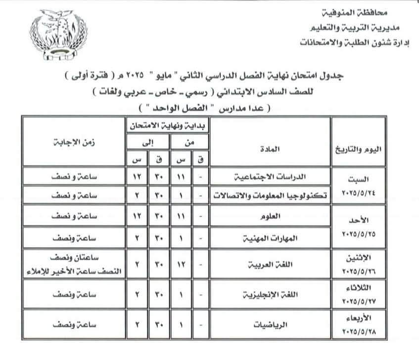 جدول امتحانات الصف السادس الابتدائي الترم الثاني 2025 محافظة المنوفية