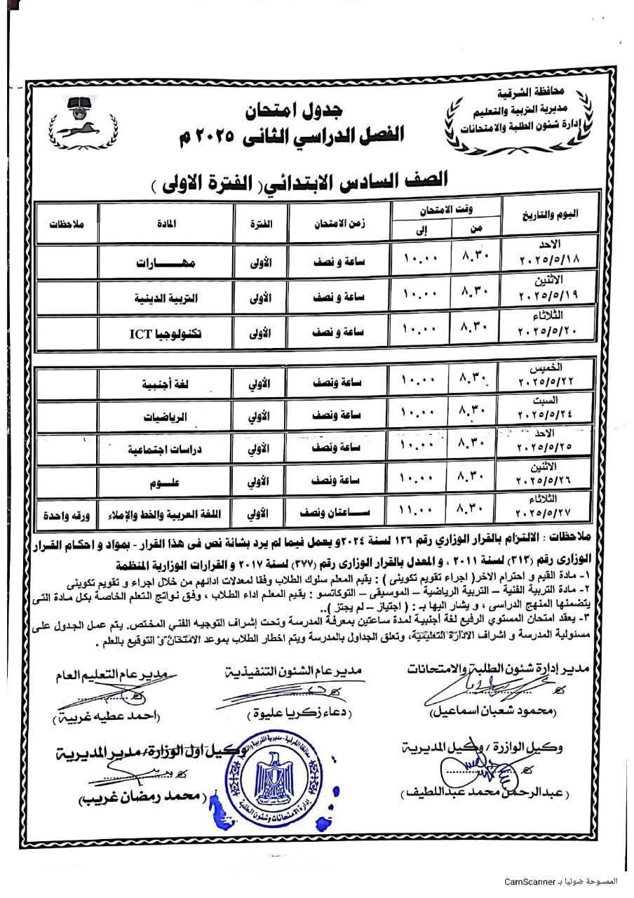 مواعيد امتحانات الصف السادس الابتدائي الترم الثاني 2025 المواد غير المضافة