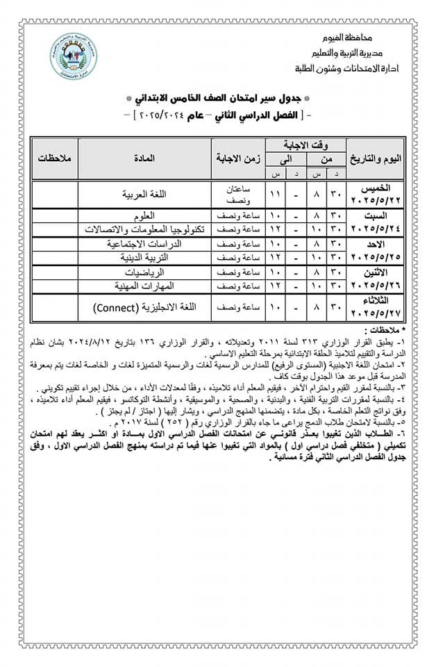 جدول امتحانات الصف الخامس الابتدائي