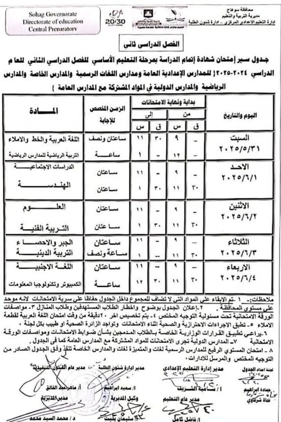 جدول الشهادة الاعدادية بسوهاج