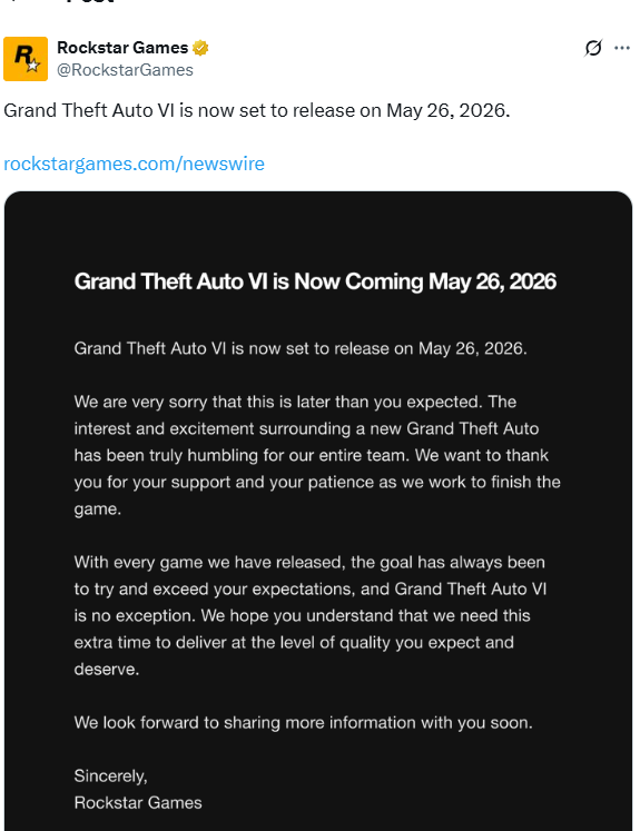 تأجيل طرح لعبة GTA 6