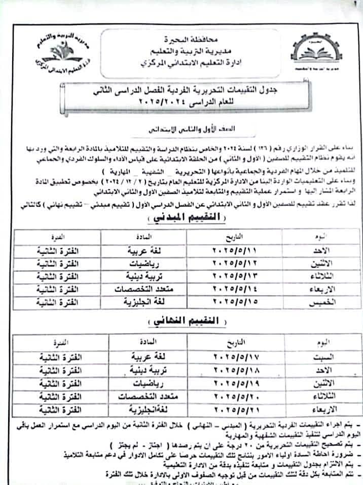جداول تقييمات الترم الثاني 2025 المبدئية والنهائية لتلاميذ الصفين الأول والثاني الابتدائي