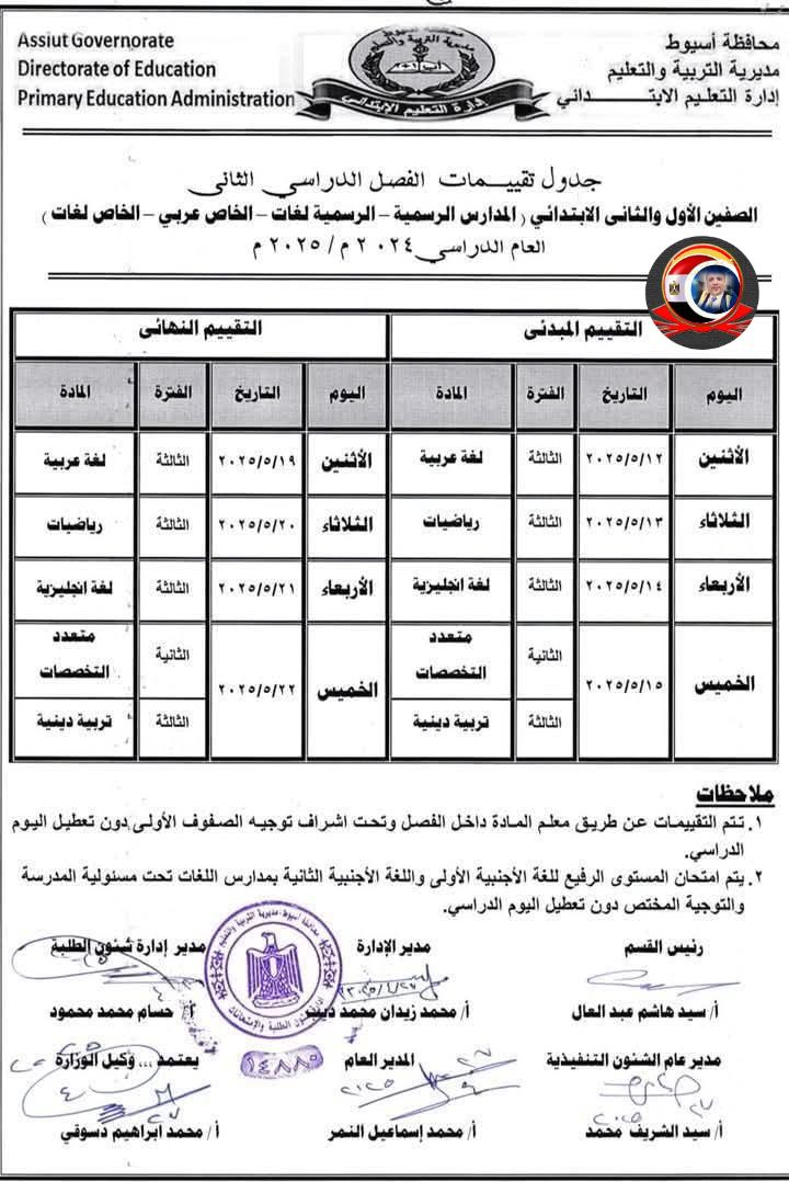 جداول تقييمات الترم الثاني 2025 المبدئية والنهائية لتلاميذ الصفين الأول والثاني الابتدائي