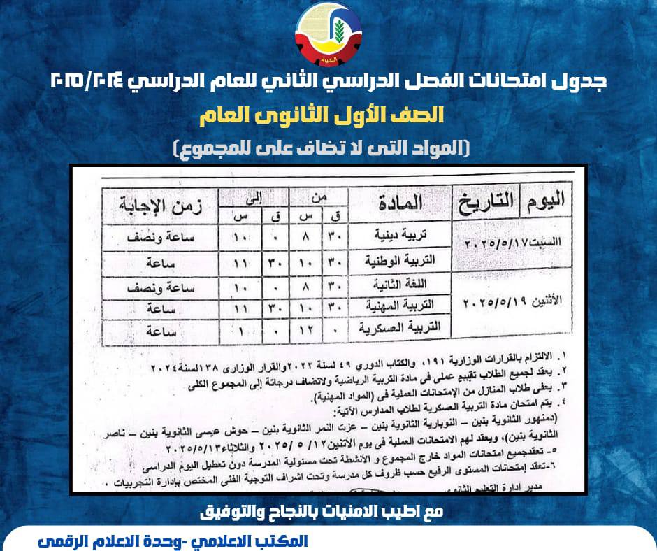 مواعيد امتحانات الترم الثاني الصف الأول الثاني ( المواد التي لا تضاف للمجموع)