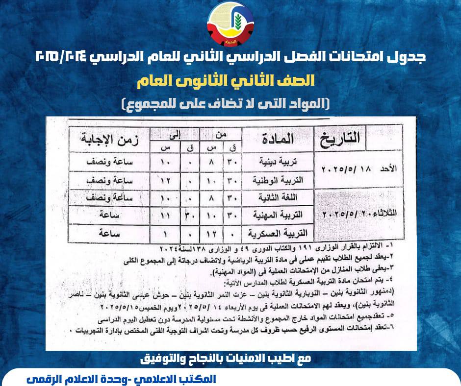 مواعيد امتحانات الصف الثاني الثانوي الترم الثاني (المواد غير المضافة للمجموع)