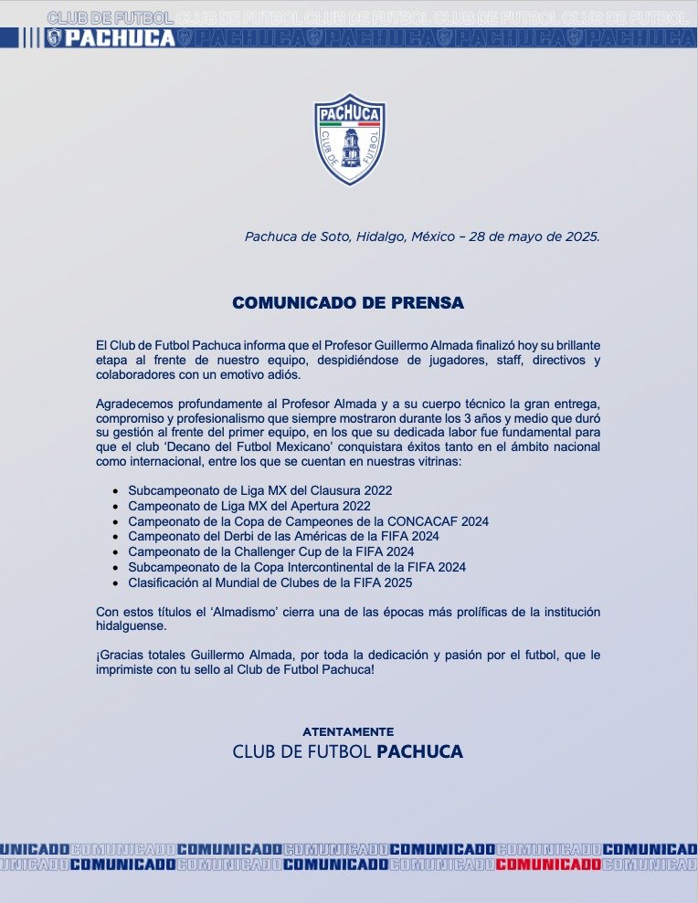 بيان نادي باتشوكا بشأن إقالة جييرمو ألمادا مدرب الفريق