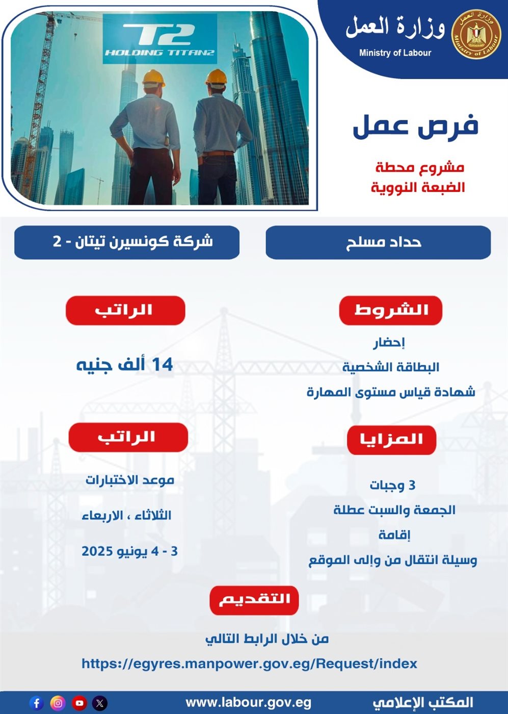 600 فرصة عمل على مهنة حداد مسلح في مشروع محطة الضبعة النووية