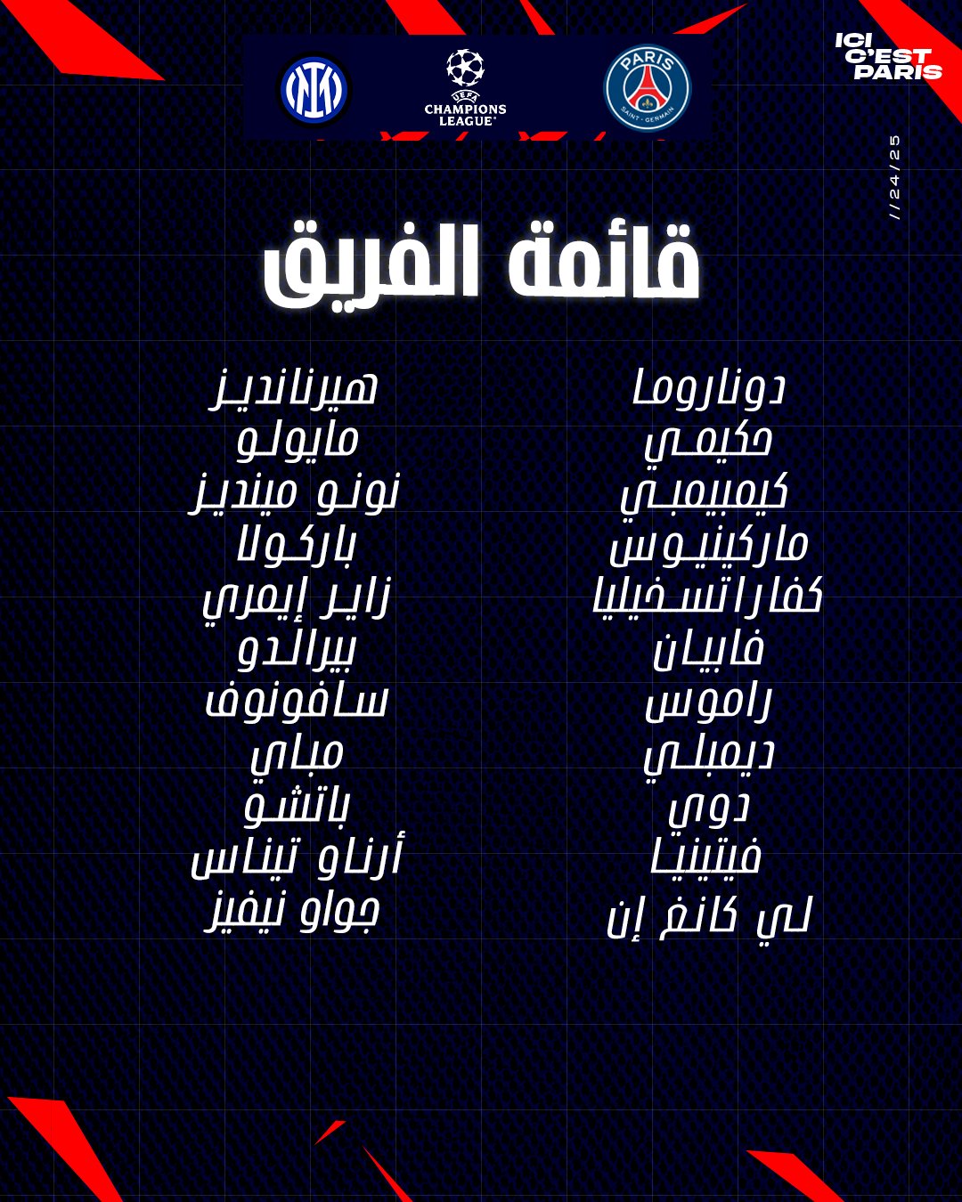 قائمة باريس سان جيرمان لمواجهة إنتر ميلان في دوري أبطال أوروبا