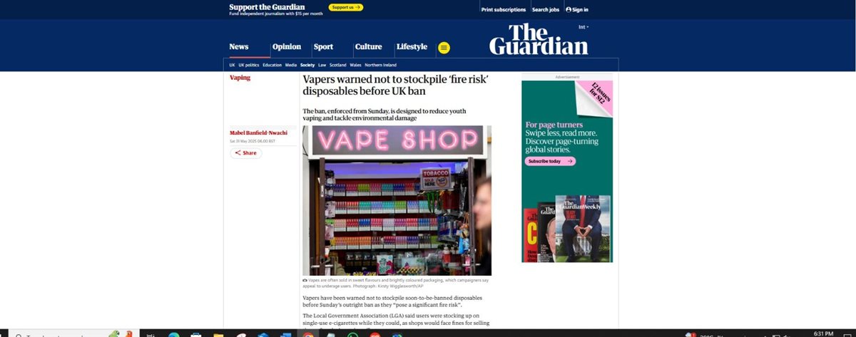 ريطانيا تحظر السجائر الإلكترونية ذات الاستخدام الواحد ابتداءً من الغد