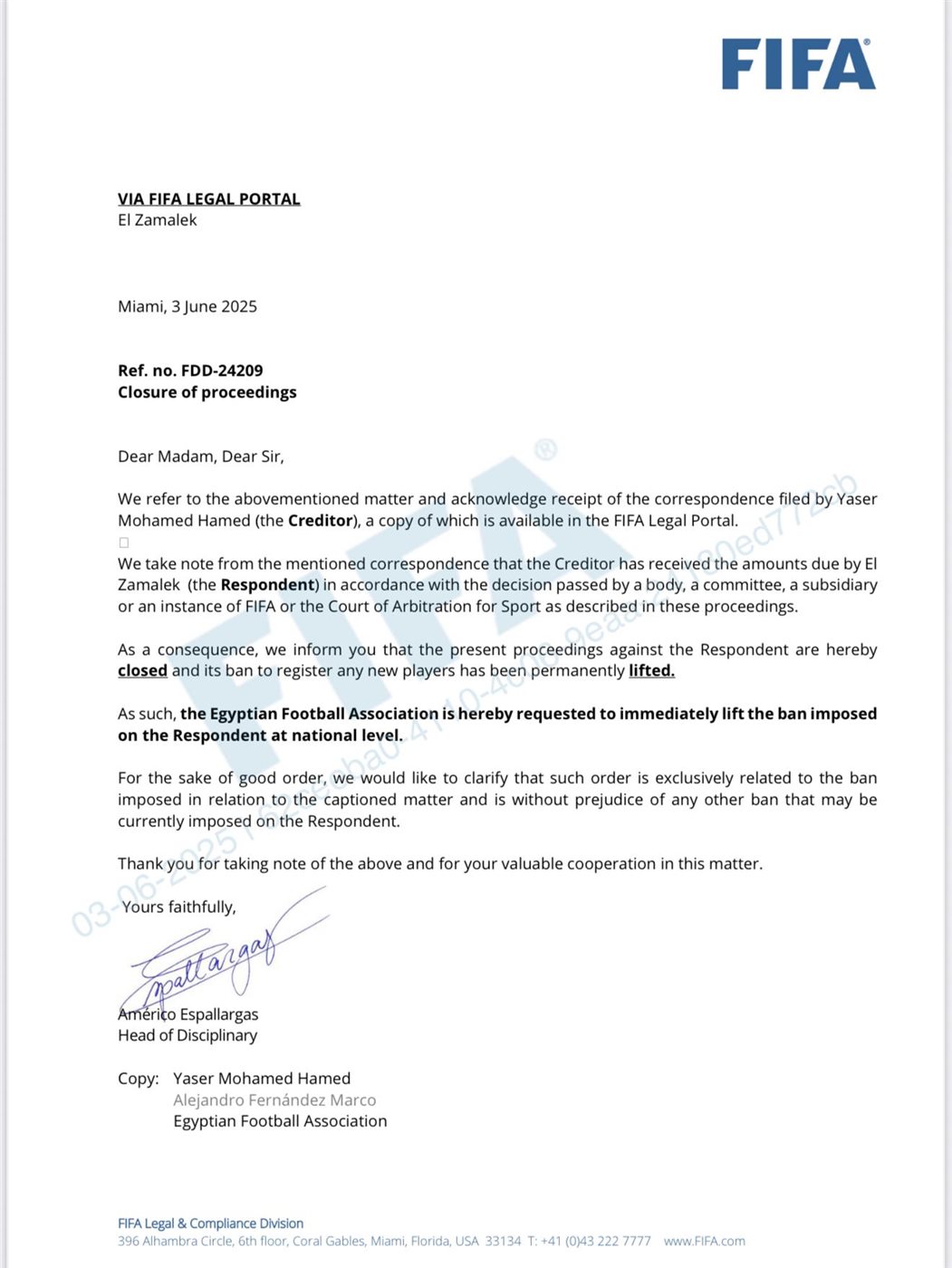 الزمالك في بيان رسمي يعلن رفع الإيقاف عن القيد بعد سداد مستحقات ياسر حمد