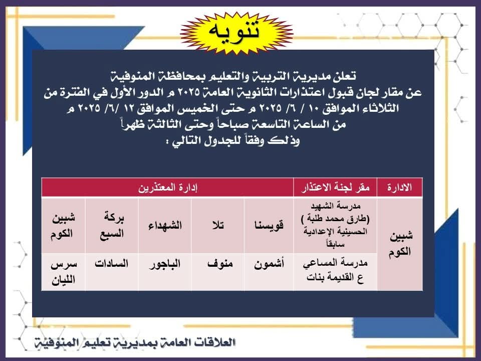 مواعيد اعتذارات مراقبة الثانوية العامة في المنوفية