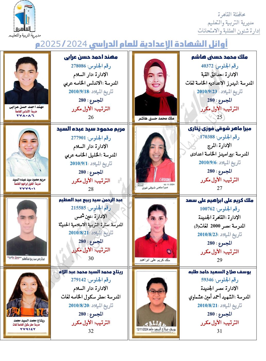أوائل طلاب الشهادة الإعدادية 2025
