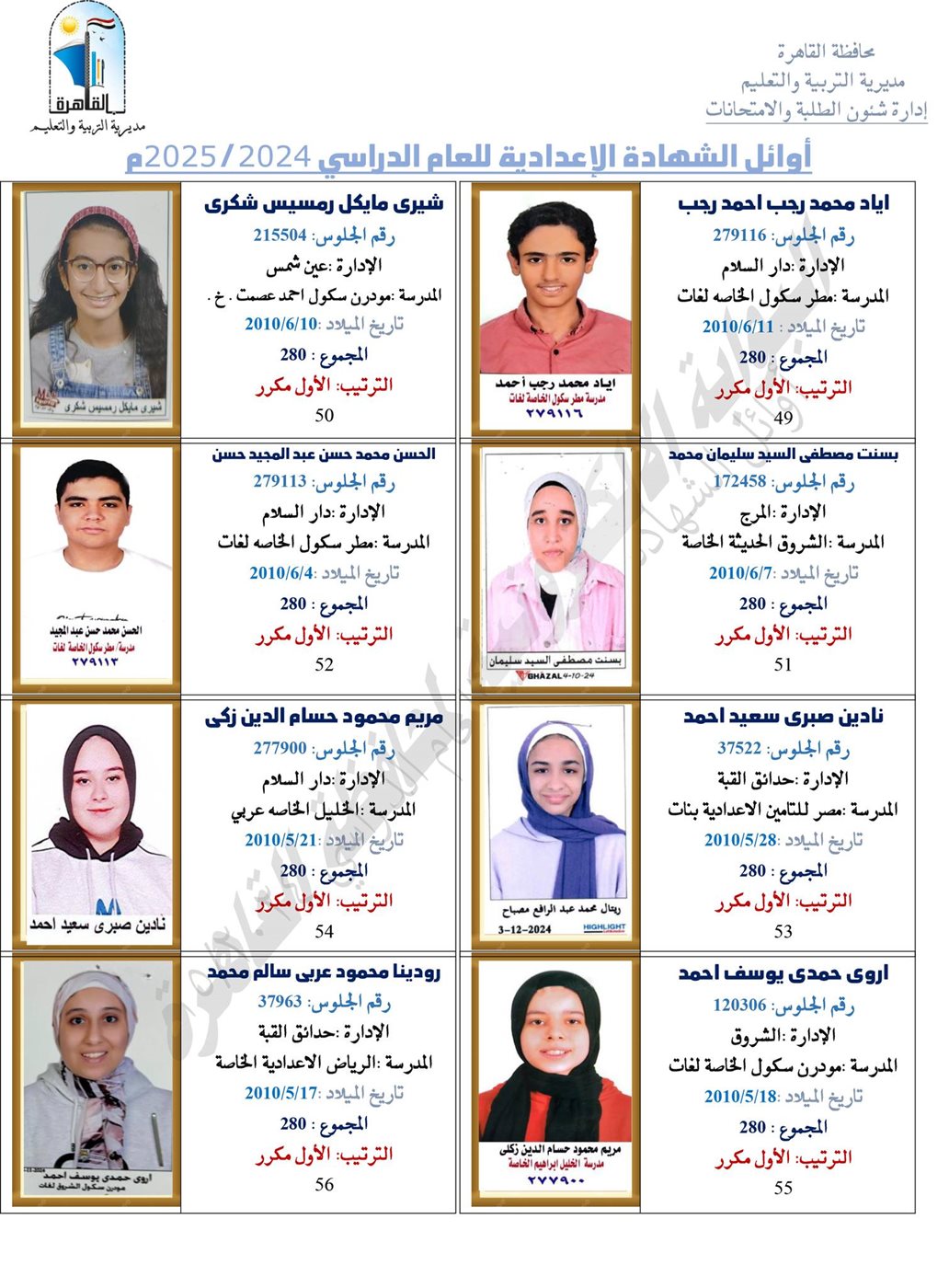 أوائل طلاب الشهادة الإعدادية 2025