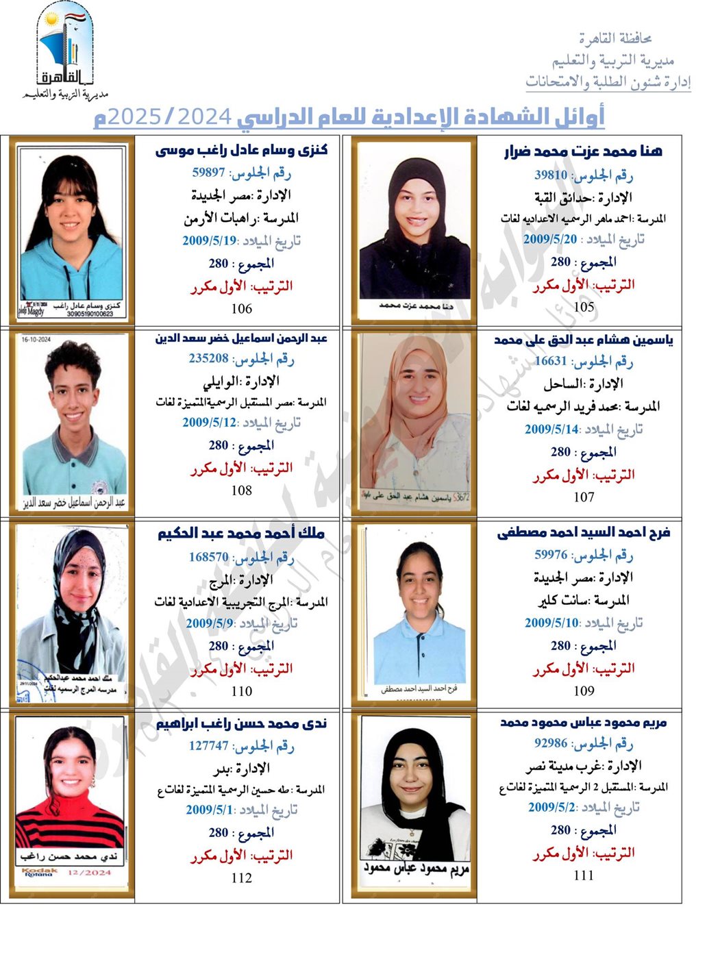 أوائل طلاب الشهادة الإعدادية 2025