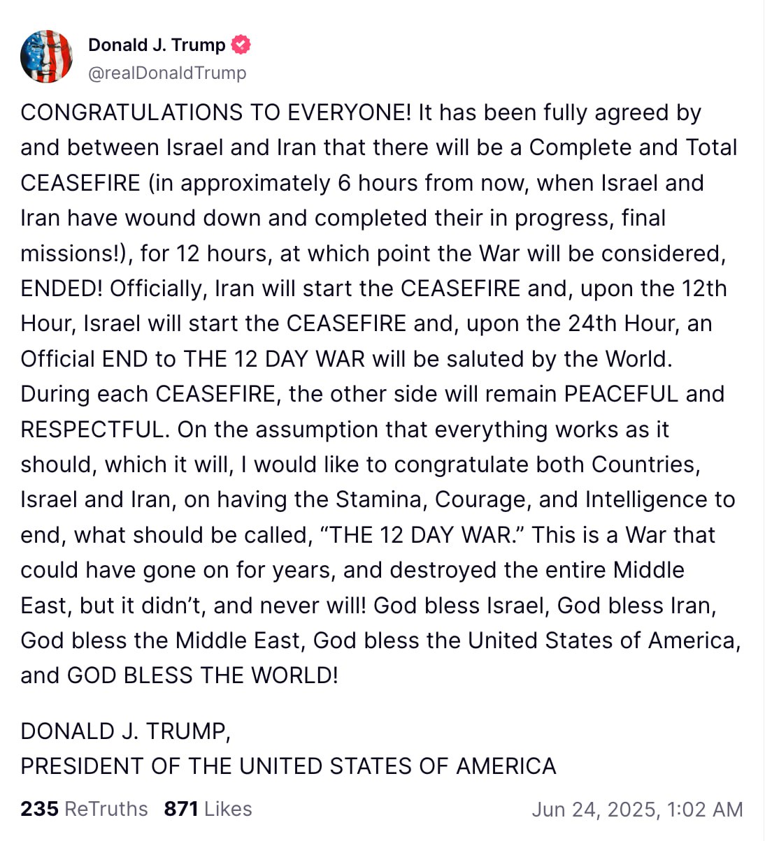 ترامب يعلن وقف الحرب بين إيران وإسرائيل 