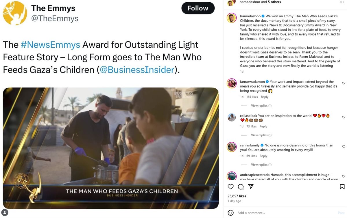  طبخت تحت القنابل.. الفيلم الفلسطيني The Man Who Feeds Gaza’s Children يفوز بجائزة الإيمي بـ نيويورك