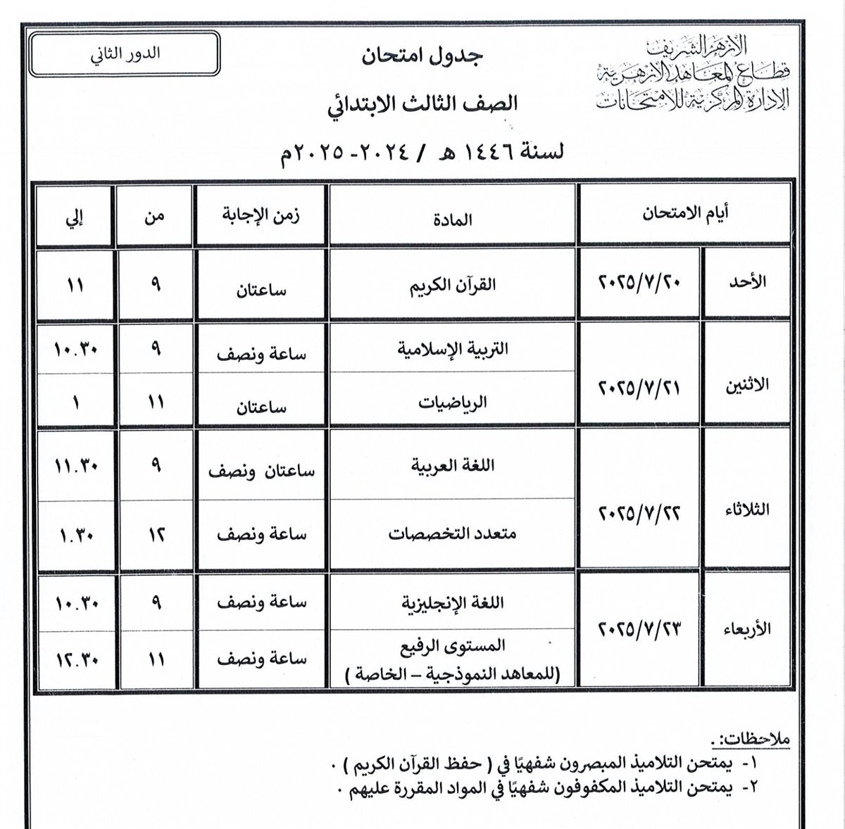 تبدأ خلال أيام.. قطاع المعاهد الأزهرية ينشر جداول امتحانات الدور الثاني للنقل والشهادات