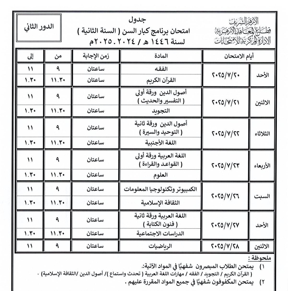 تبدأ خلال أيام.. قطاع المعاهد الأزهرية ينشر جداول امتحانات الدور الثاني للنقل والشهادات
