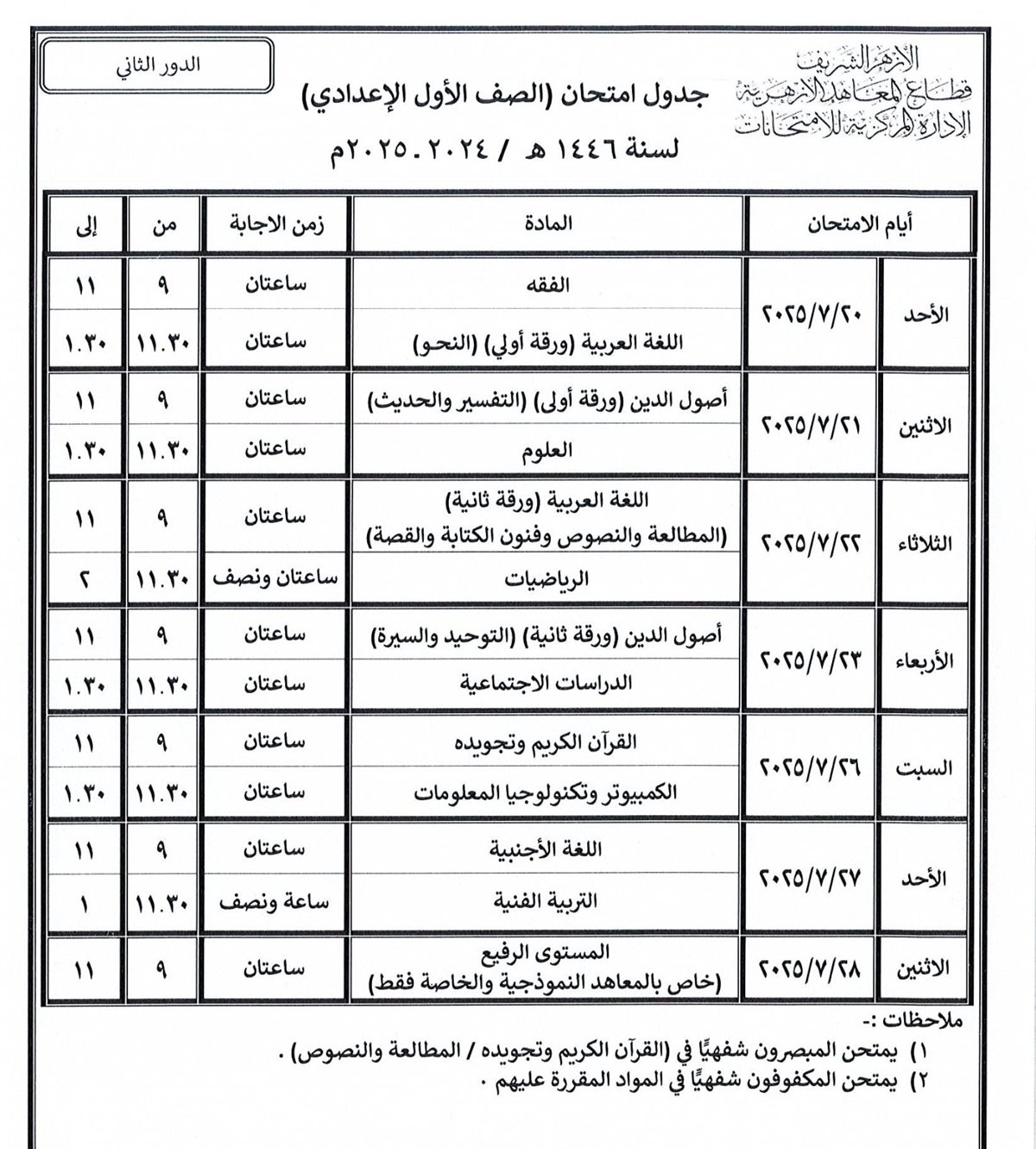 تبدأ خلال أيام.. قطاع المعاهد الأزهرية ينشر جداول امتحانات الدور الثاني للنقل والشهادات