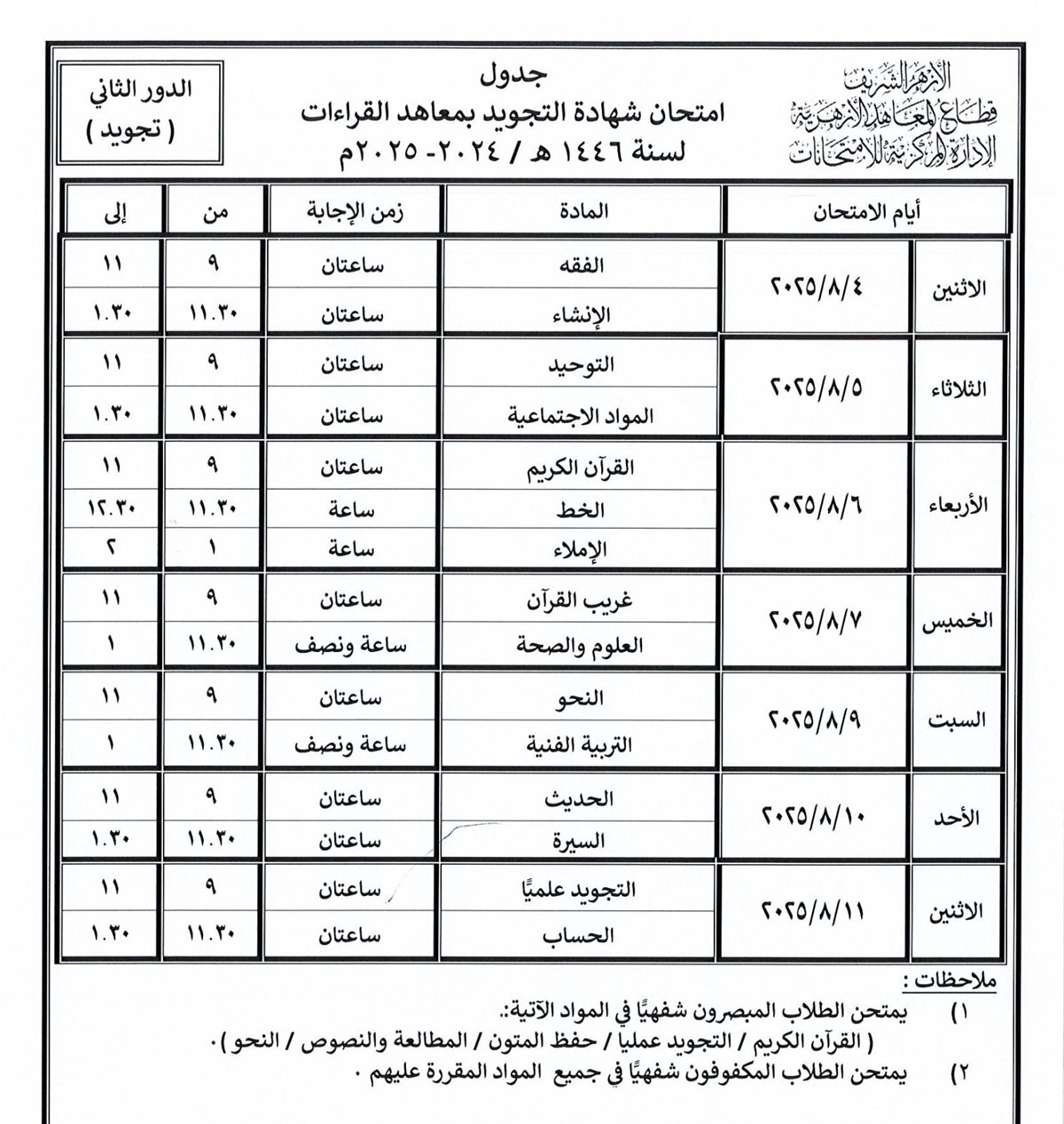 تبدأ خلال أيام.. قطاع المعاهد الأزهرية ينشر جداول امتحانات الدور الثاني للنقل والشهادات
