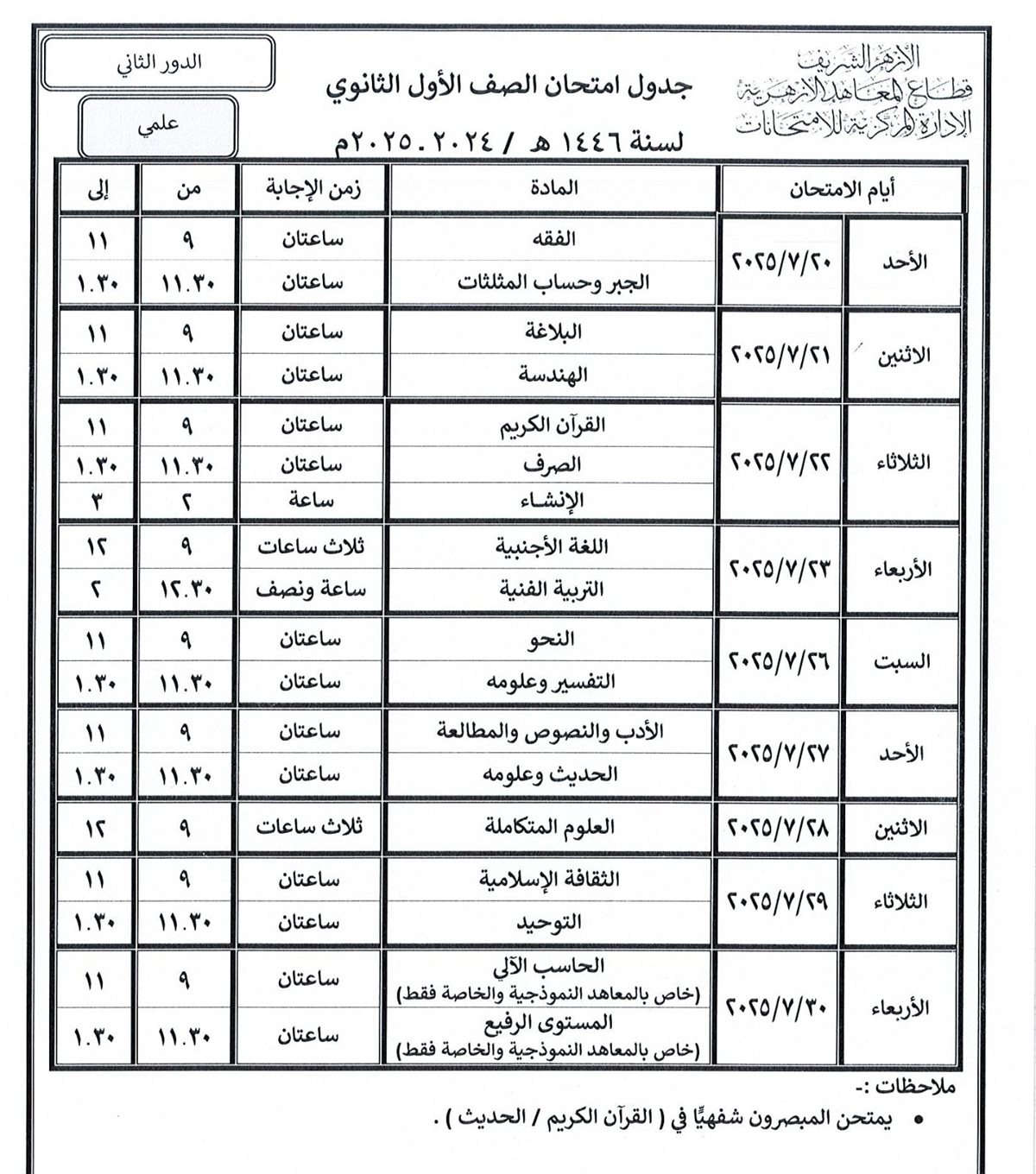 تبدأ خلال أيام.. قطاع المعاهد الأزهرية ينشر جداول امتحانات الدور الثاني للنقل والشهادات