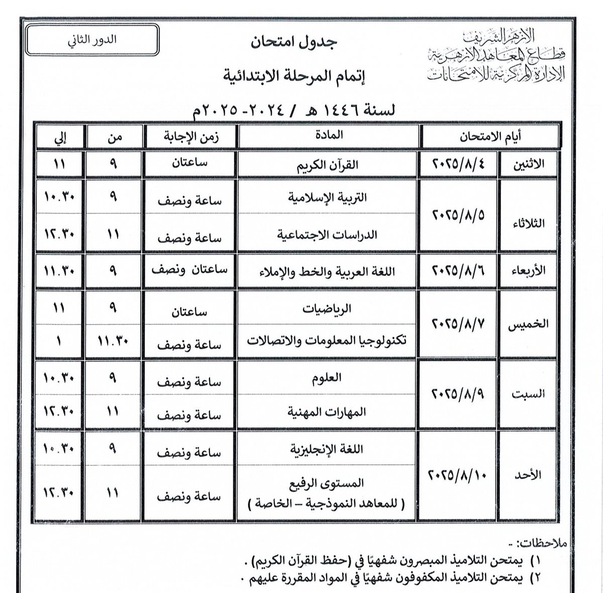 تبدأ خلال أيام.. قطاع المعاهد الأزهرية ينشر جداول امتحانات الدور الثاني للنقل والشهادات