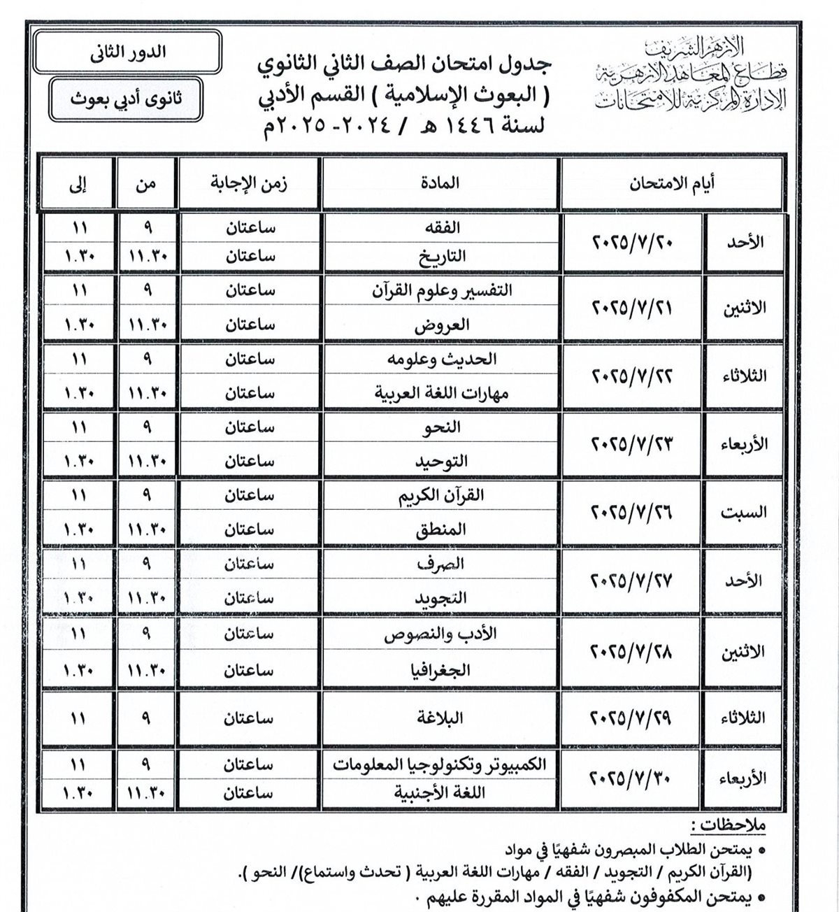 تبدأ خلال أيام.. قطاع المعاهد الأزهرية ينشر جداول امتحانات الدور الثاني للنقل والشهادات