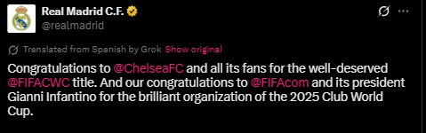 <strong>ريال مدريد يهنئ تشيلسي بالتتويج بكأس العالم للأندية 2025.. ويوجه التحية لـ إنفانتينو على التنظيم الرائع</strong>