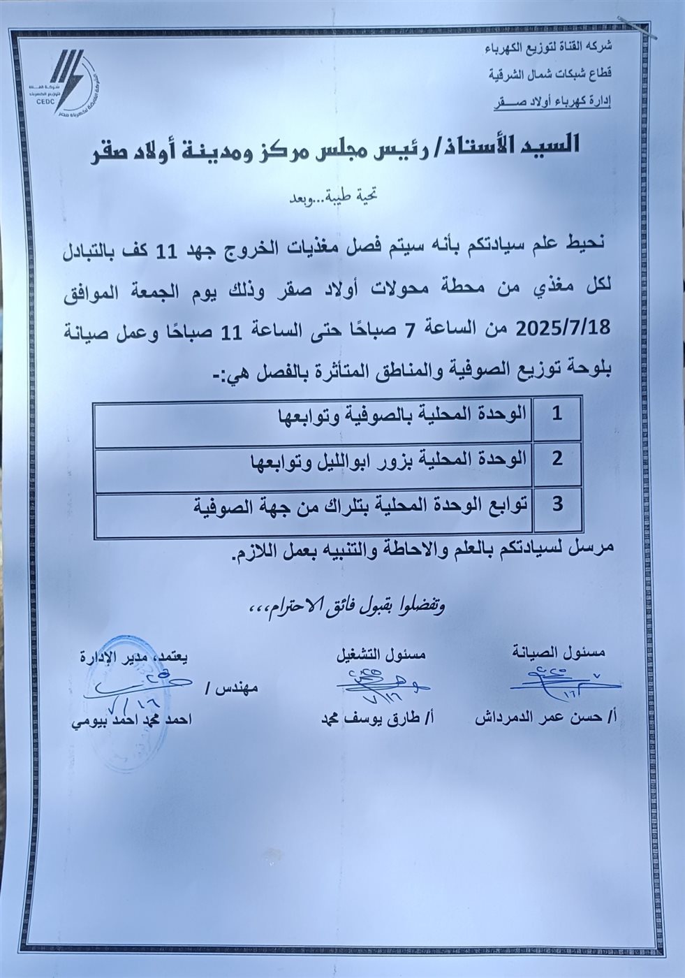 فصل الكهرباء عن عدة مناطق بمركز أولاد صقر بالشرقية