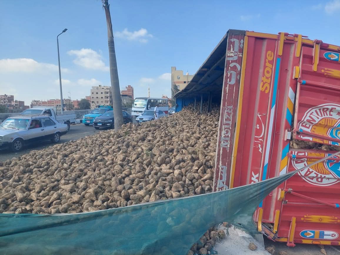 انقلاب مقطورة محملة بالبنجر أعلى الكوبري الدائري بالدقهلية