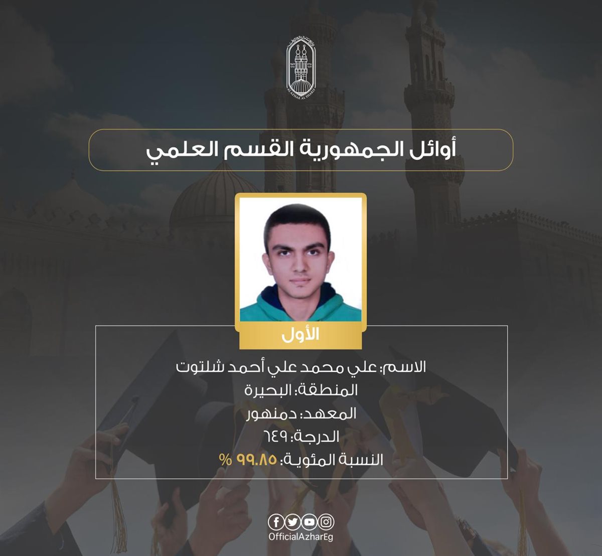 أوائل الشهادة الثانوية الأزهرية بالقسم العلمي