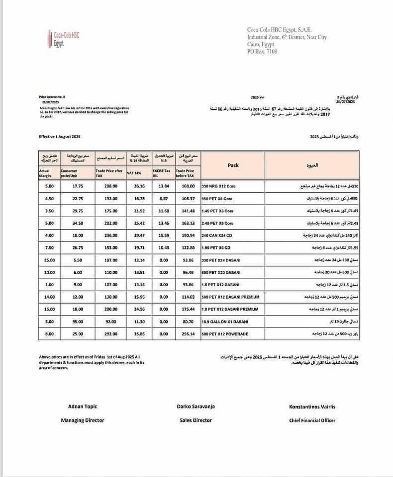 قائمة أسعار منتجات كوكاكولا بالأسواق