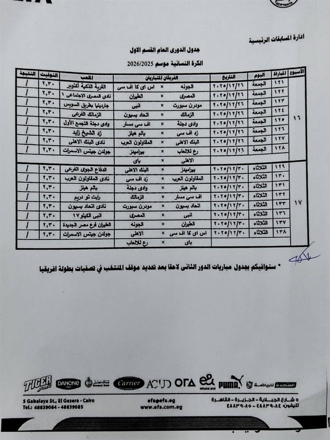 جدول دوري الكرة النسائية