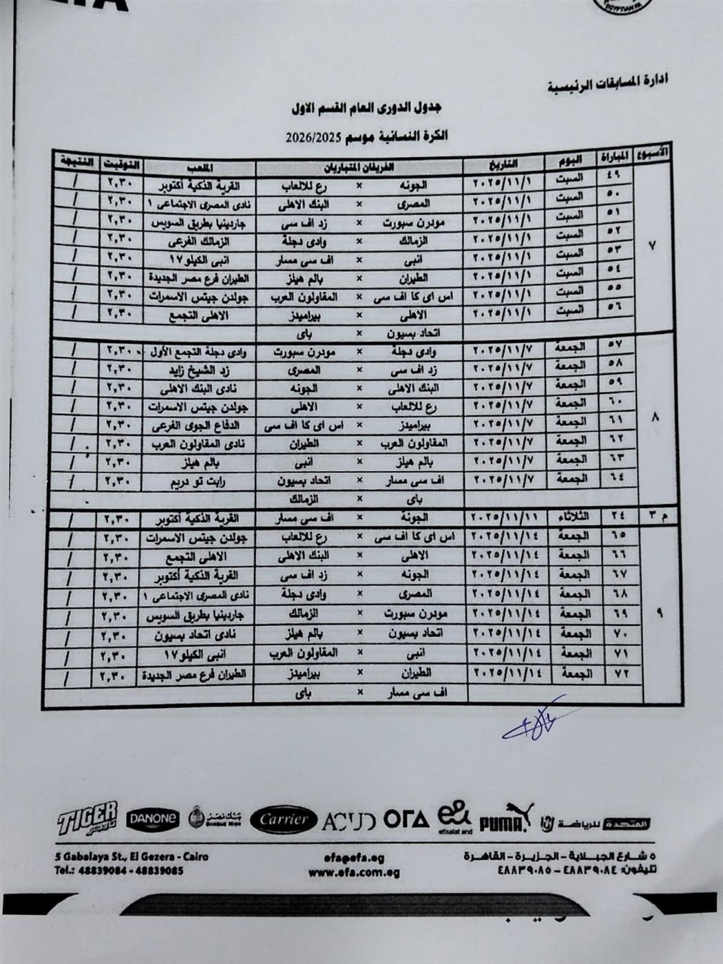 جدول دوري الكرة النسائية