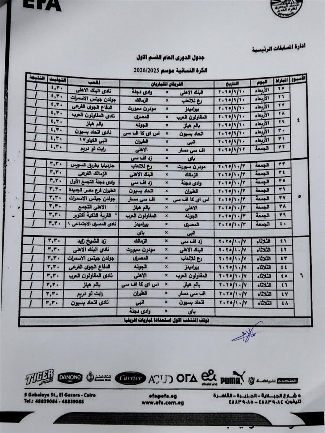 جدول دوري الكرة النسائية